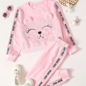 NWOT- Girls Cartoon Pink Bear Embroidered Letter Tape Pullover & Sweatpants Set
